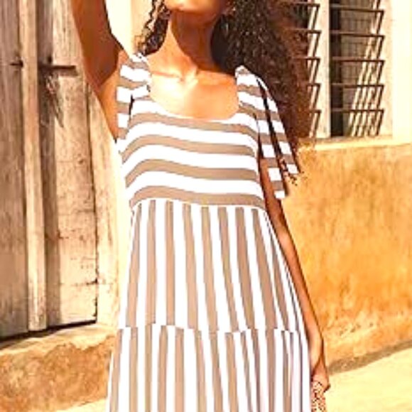 BROWN AND WHITE THREE TIER ALTERNATING STRIPES EMPIRE WAIST MAXI DRESS SIZE M - Picture 2 of 7